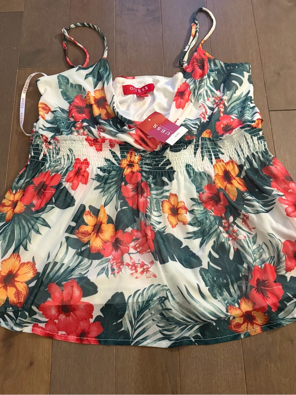 Guess White Floral Cami with Red & Yellow Blooms